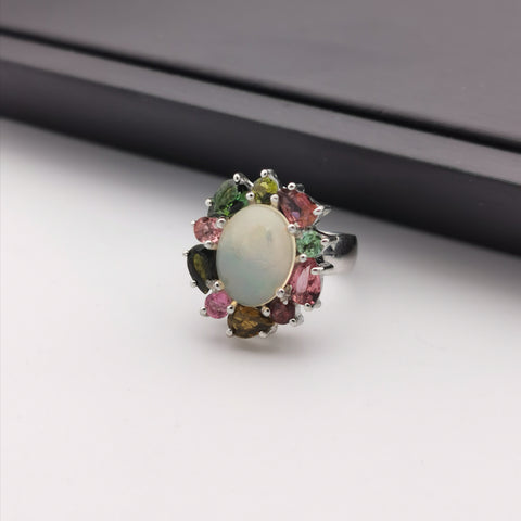 Sterling silver with Ethiopian opal and tourmaline ring