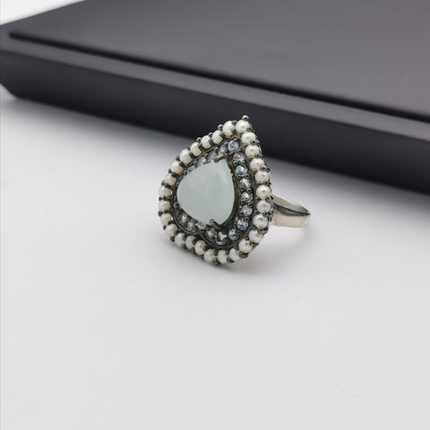 Sterling silver with freshwater pearl amd aquamarine heart ring