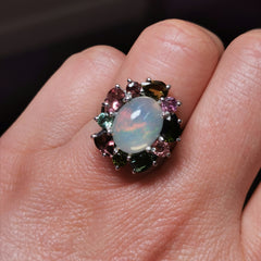 Sterling silver with Ethiopian opal and tourmaline ring