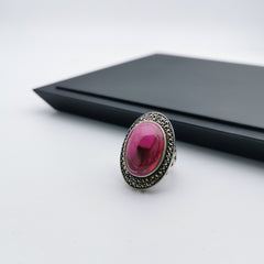 Unique Sterling silver Marcasite with created ruby chunky ring