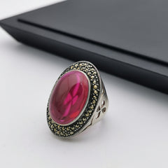 Unique Sterling silver Marcasite with created ruby chunky ring